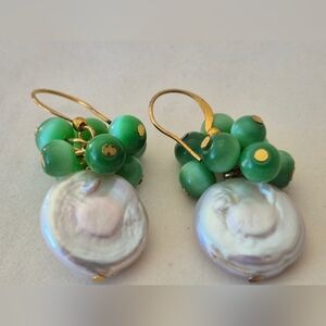 Freshwater Baroque Coin Pearl Green and Gold Earrings